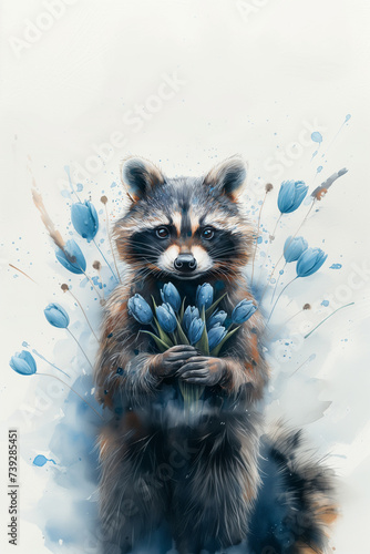 Raccoon holding flowers painting. Perfect for springtime or special occasions like International Women's Day. Postcard with copy space