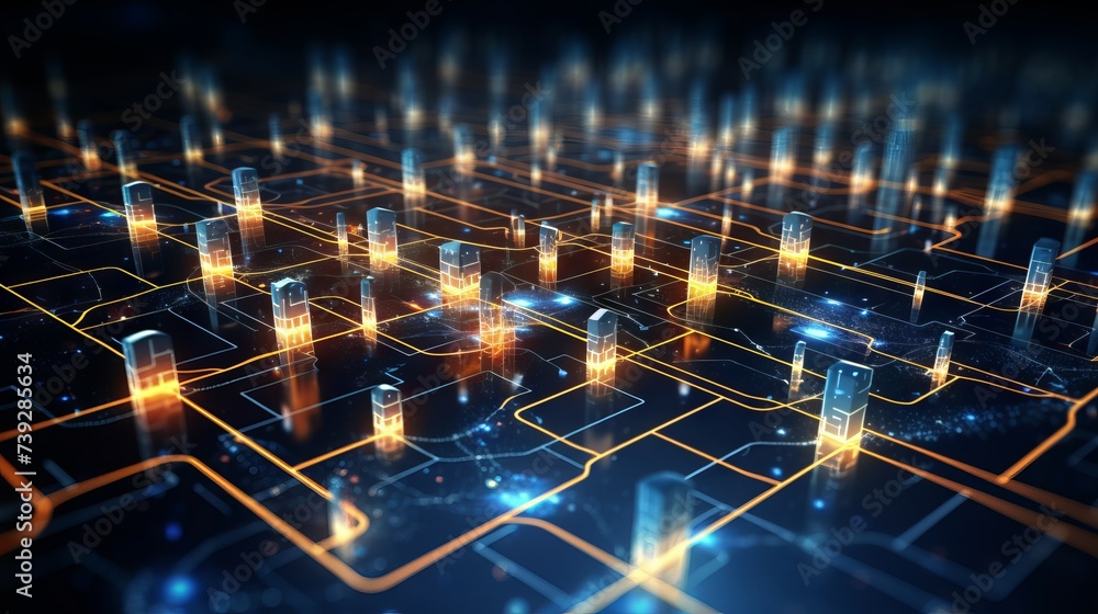 Dynamic illustration of digital data flow in business: artificial intelligence, cyber communication, and internet systems
Dynamic illustration of digital data flow in business: artificial intelligence, cyber communication, and internet systems
