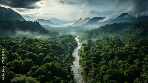 Aerial view of a dense rainforest, vibrant green canopy, a hidden world of biodiversity and natural beauty, Photography, drone shot for an expansive view of the © ProVector