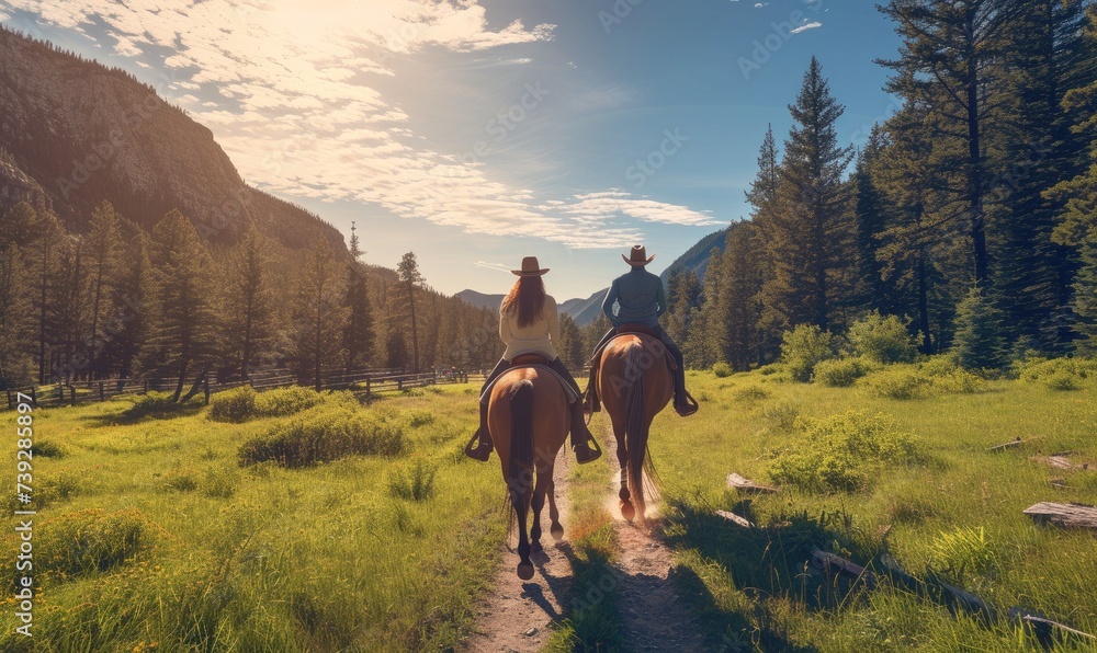 Couple riding on horse back in suuny day.