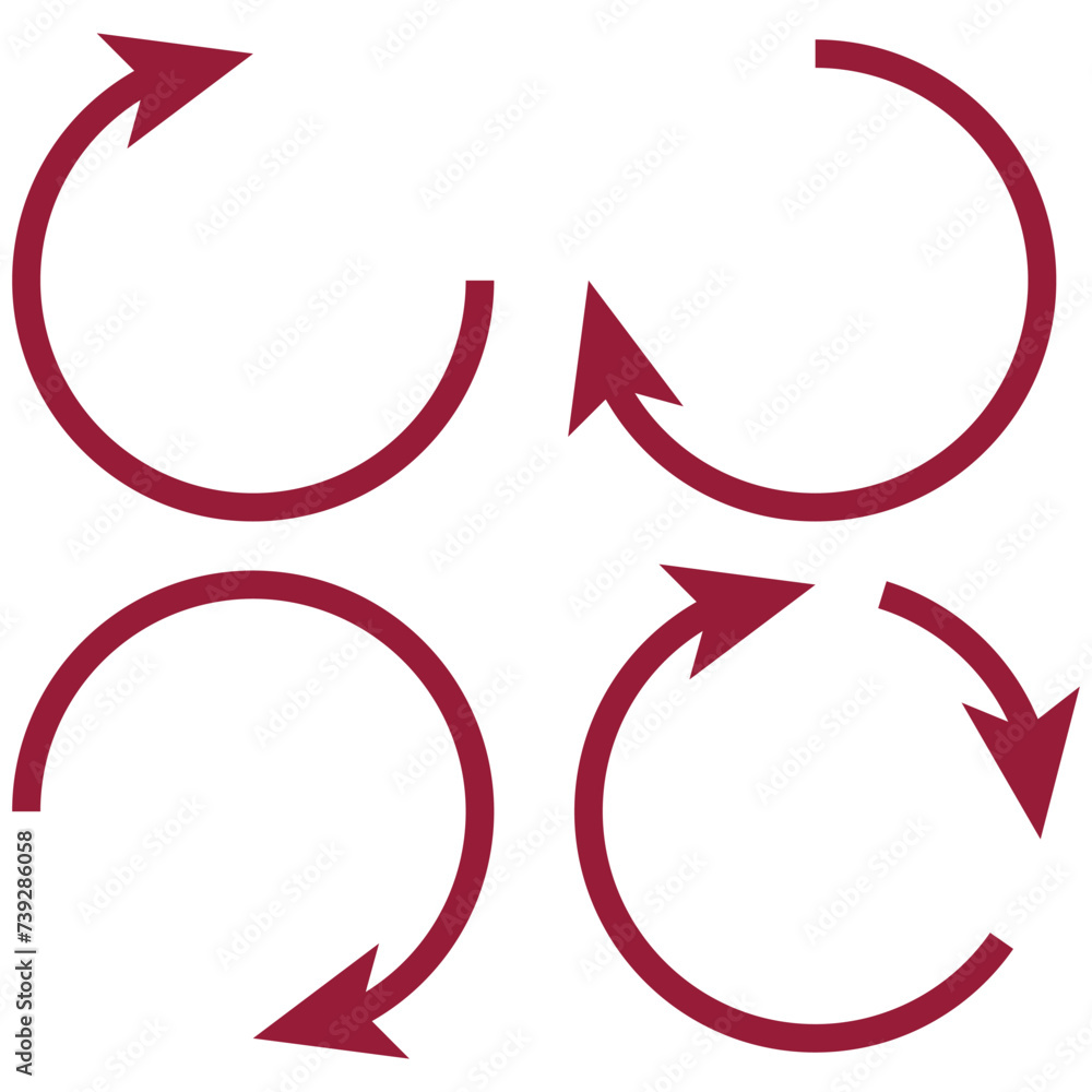 Set arrows rotation circle. Recycling flat vector icon. Arrows flat vector icon.4 arrow pictogram refresh reload rotation loop sign set. Colorful icon set, round arrow shape