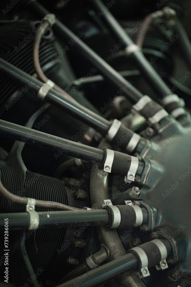 Old radial engine closeup, small details of historic cargo transport and vintage machinery