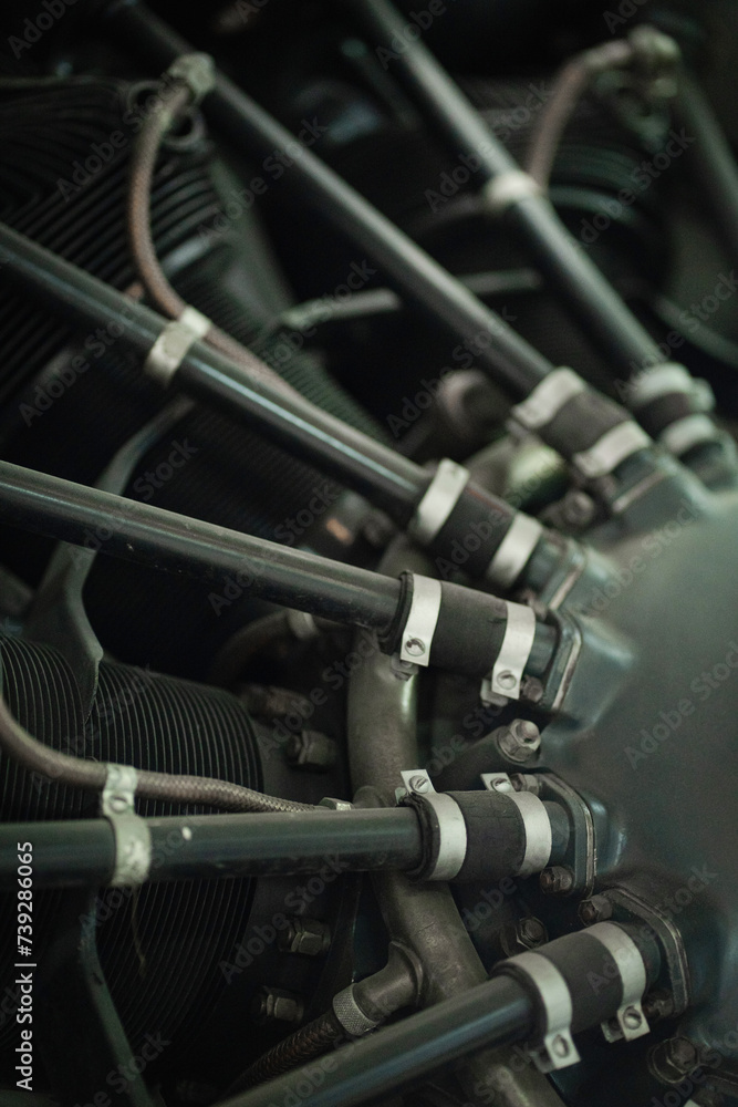 Old radial engine closeup, small details of historic cargo transport and vintage machinery Old radial engine closeup, small details of historic cargo transport and vintage machinery