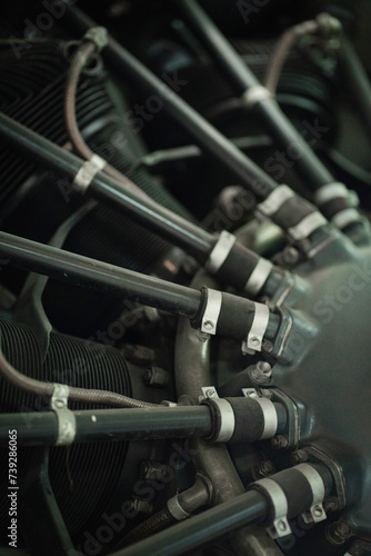 Old radial engine closeup, small details of historic cargo transport and vintage machinery