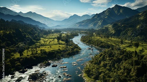 Dense tropical rainforest from above, canopy of trees, rivers meandering, showcasing the natural beauty and biodiversity of tropical landscapes, Photorealistic,
