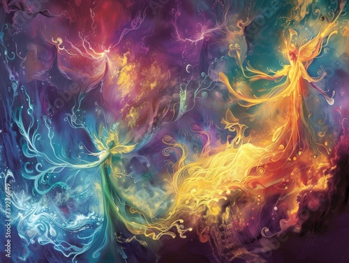 Ethereal colorful creatures dance to a mystical tune in the heart of the underworld a cool atmosphere