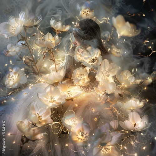 Ethereal spirit amidst a supernatural blossom flowers freezing over in an otherworldly glow photo