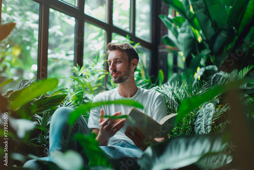 image of man sitting in the middle of green plants