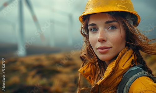 Female Engineer in yellow Jacket with Safety Helmet Checking Wind Turbine Installation. Close-Up Outdoor . Adventure and Exploration Concept for Design and Print. Space for Text.