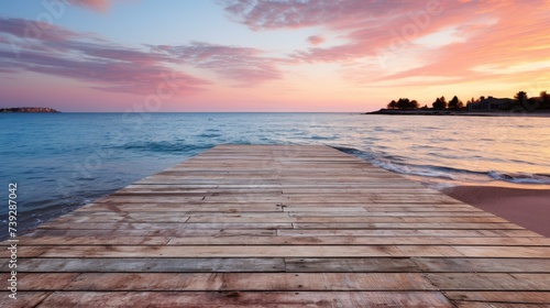 Empty wooden pier extending into a calm sea at sunrise  soft pastel sky  conveying the tranquility and beauty of early morning at the beach  Photorealistic  sun