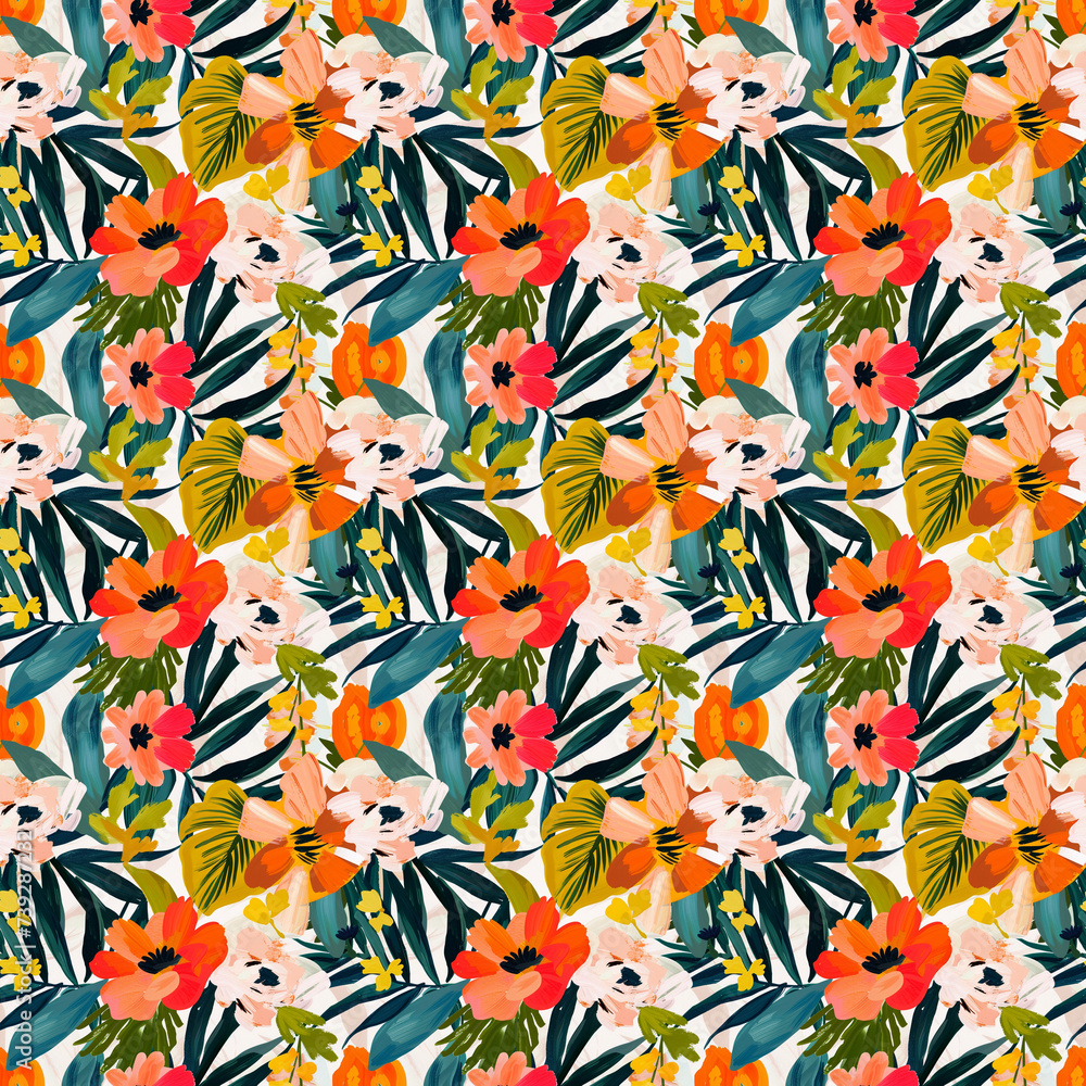 Naklejka premium Colorful floral seamless pattern, abstract flowers, vibrant color, floral pattern, flower wallpaper