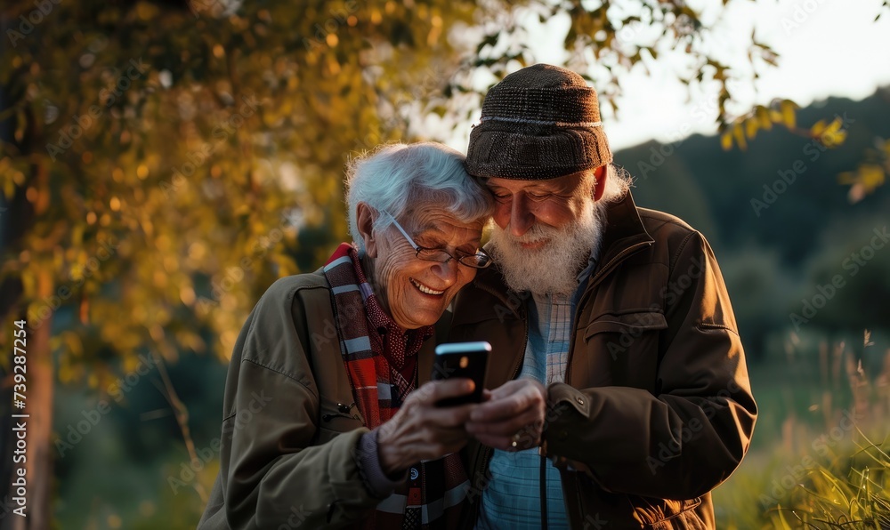 Old seniors couple holding a smartphone and smile.