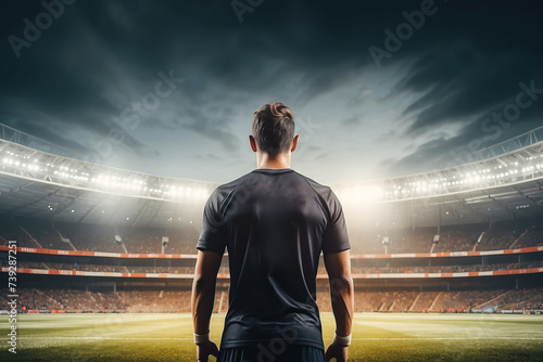 Football player stands on modern football pitch stadium with strong lights, sport panorama photo