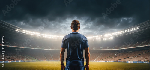 Football player stands on modern football pitch stadium with strong lights, sport panorama © Roman