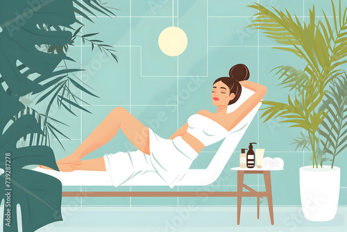 A woman in a towel relaxing on a lounge chair by an azure pool in a spa garden