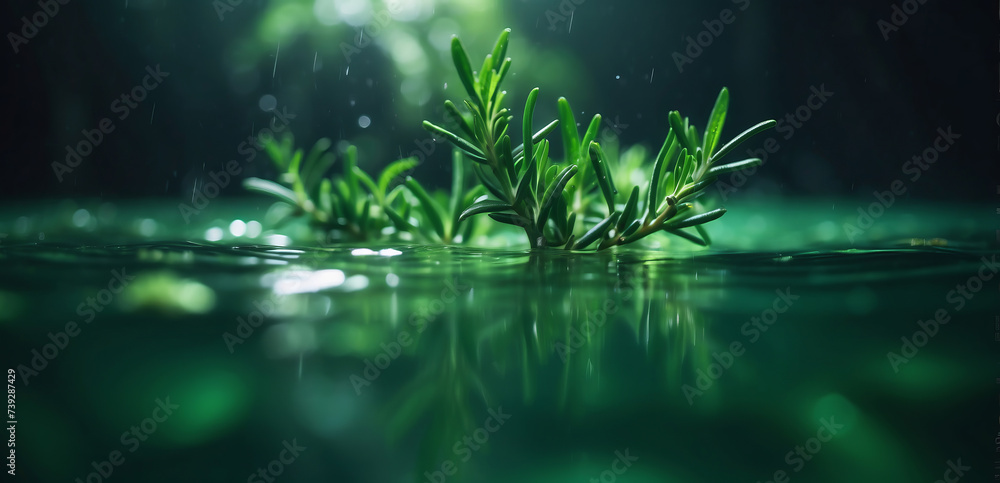 Green rosemary sprig under water with green light, with space for text
