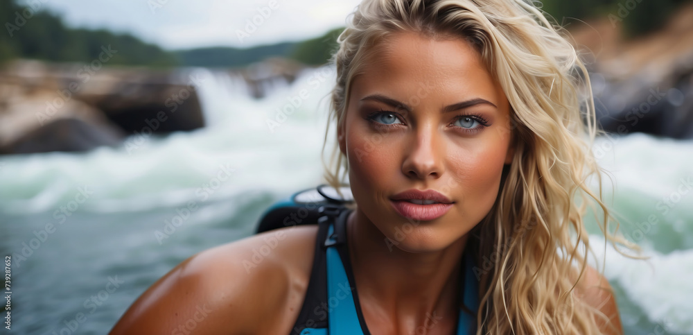 Happy young American woman doing whitewater kayaking, extreme kayaking, concept of have fun with water sports Happy young American woman doing whitewater kayaking, extreme kayaking, concept of have fun with water sports