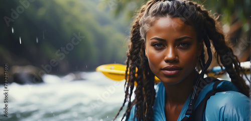 Happy young African American woman doing whitewater kayaking, extreme kayaking, concept of have fun with water sports © Roman