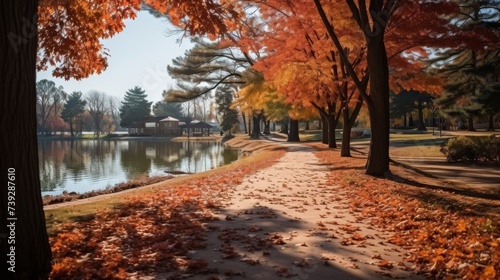 A vibrant autumn scene in an urban park, trees adorned with orange and red leaves, paths covered in fallen foliage, a crisp and refreshing atmosphere, Photograp