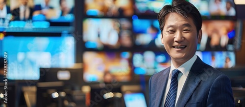 Seasoned Professional, A Confident Asian News Announcer in His 40s, Commanding the News Desk with Authority and Expertise.