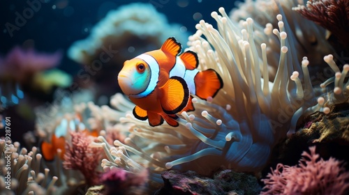 Close-up of a clownfish among anemones in a reef, vivid colors, focus on the symbiotic relationship and delicate marine life, Photorealistic, underwater wildlif