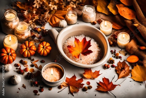 Autumn wellbeing, protect mental health concept. How to Cope With Fall Anxiety. Relaxing bath filled with autumn-themed bath salts, candles, and dried leaves