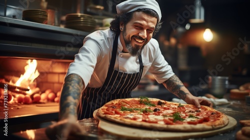 A young man confidently preparing fresh Pizza in the kitchen generated by AI
