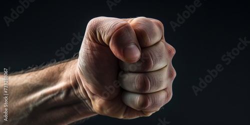 Close-up of a man's fist on a black background, showing strength.