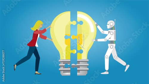 Woman putting her idea together with AI robot. Support from artifical intelligence. Dimension 16:9. Vector illustration.