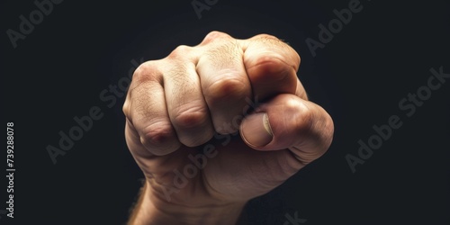 Close-up of a man's fist on a black background, showing strength.