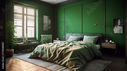 green bedroom with a green wall painted with a green wall