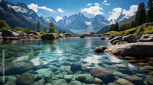 Alpine lake surrounded by snow-capped mountains, crystal clear water revealing the rocky bottom, pristine and untouched nature, Photography, high-resolution ima photo