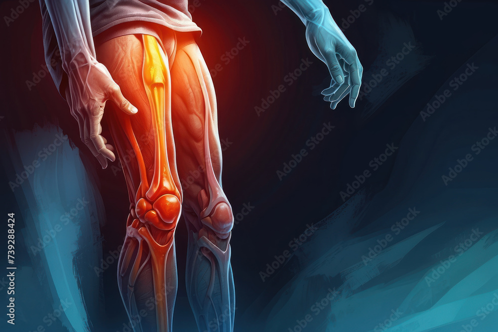 Person suffering from knee pain. Joint problems and arthritis on a dark background. Health and medical