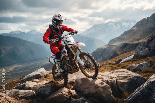 Motocross rider on the rocks in the mountains