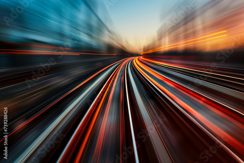 Acceleration speed on the railroad. Light and stripes fast motion blur