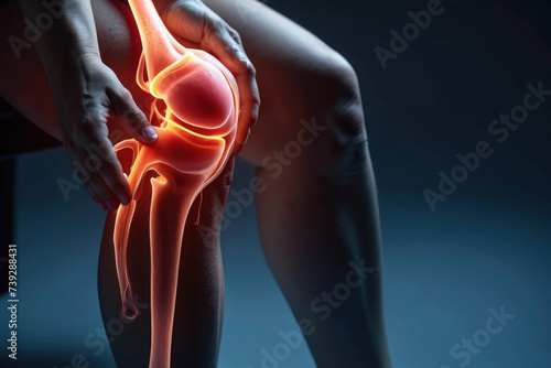Person suffering from knee pain. Joint problems and arthritis on a dark background. Health and medical 