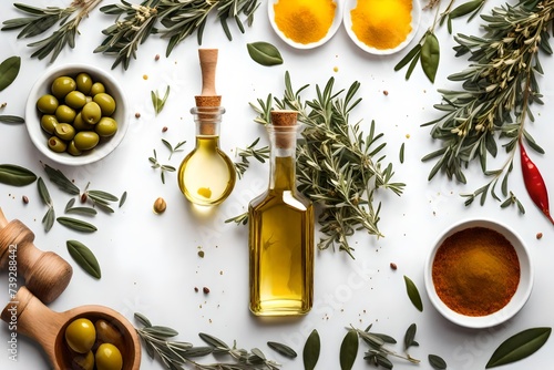Olive oil, bouquet of thyme and spices cut out on transparent background