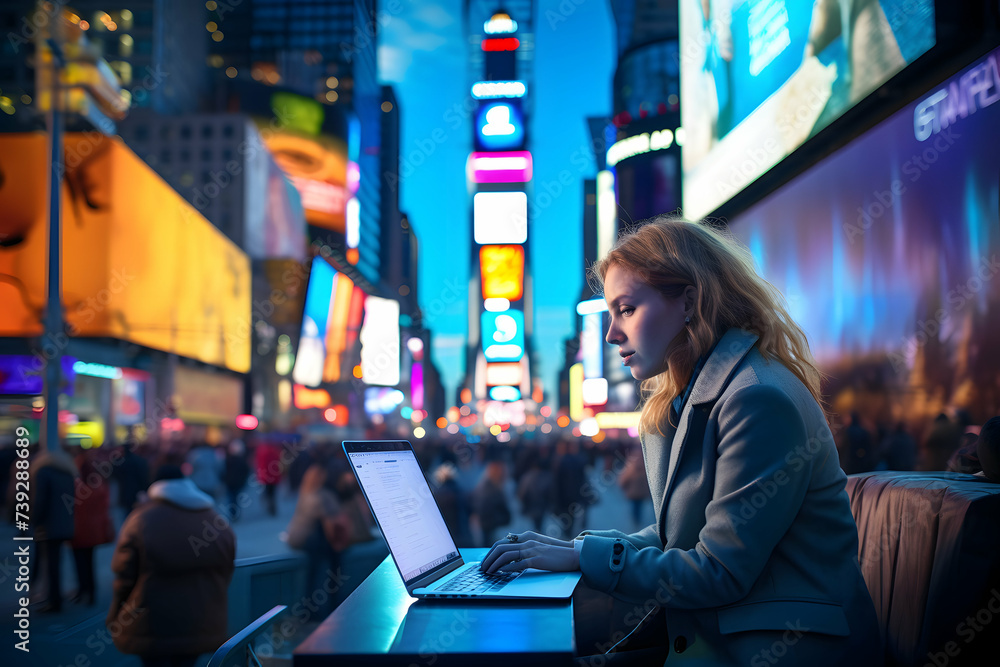 Times Square Explorer: Woman Working Amidst Iconic Billboards - Balancing Productivity in the Heart of NYC Times Square Explorer: Woman Working Amidst Iconic Billboards - Balancing Productivity in the Heart of NYC