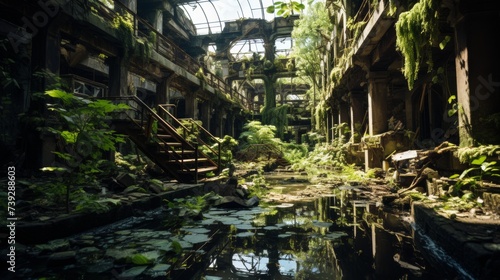 Abandoned industrial site with old factories and machinery  overgrown with vegetation  symbolizing the history and transformation of urban areas  Photorealistic
