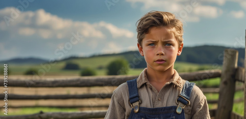 portrait boy child farmer wearing overalls standing and leaning on wooden fence outdoor on rural area with copy space 