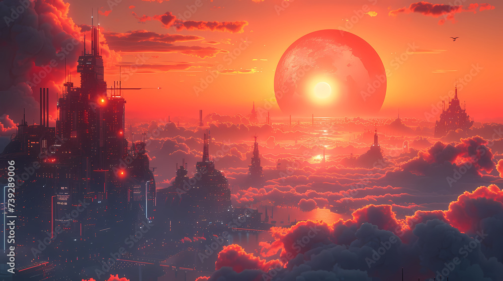 Sunset Over a Futuristic Cityscape With Orange Glow