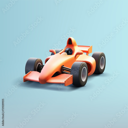 3d render illustration of orange glossy racing speedy sport car with pilot in black helmet, realistic cartoon style