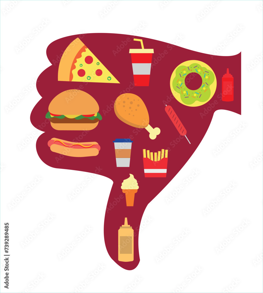 Unhealthy fast food icons in thumbs down drawing Unhealthy fast food icons in thumbs down drawing