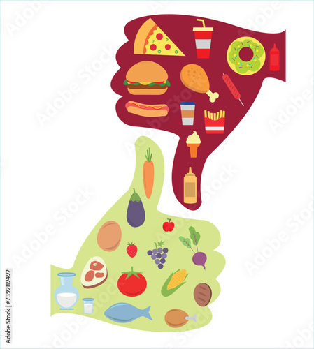 Healthy food icons in thumbs up drawing, unhealthy food icons in thumbs down drawing