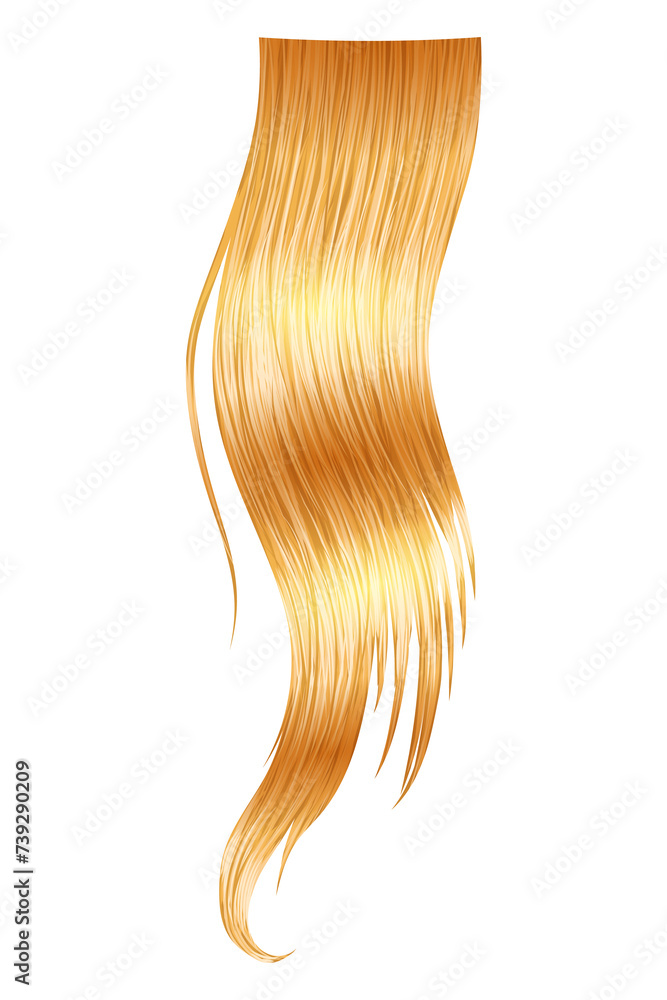 Shiny blond woman hair. Haircut, hair care and beauty salon, realistic locks of long wavy blonde. Beautiful healthy female hair with shining surface Shiny blond woman hair. Haircut, hair care and beauty salon, realistic locks of long wavy blonde. Beautiful healthy female hair with shining surface