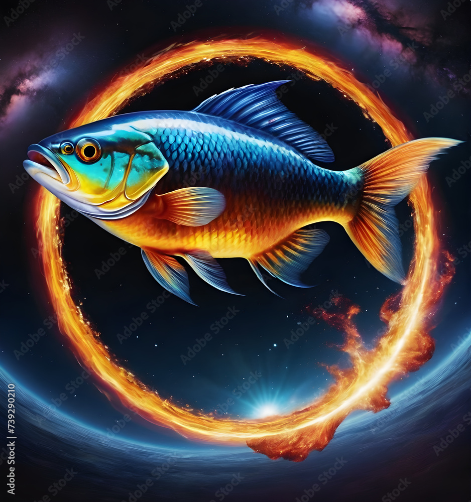 Fototapeta premium Underwater scene with fish swimming through the ring of fire . illustration.