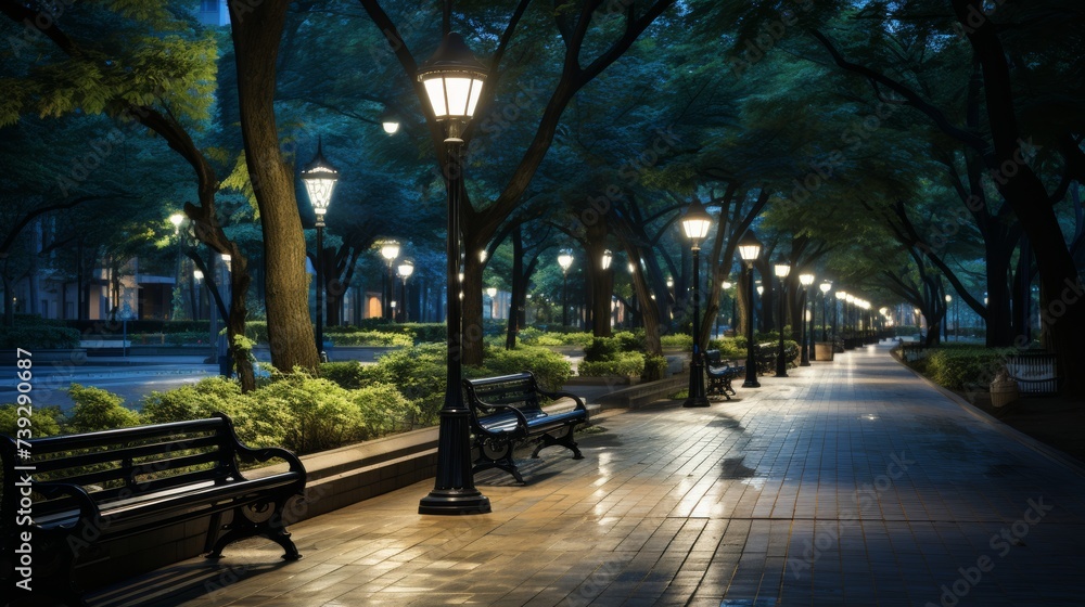 An urban park at dusk, the landscape softly lit by ambient city light and the occasional lamp post, the calmness of the space offering a respite and contrast to