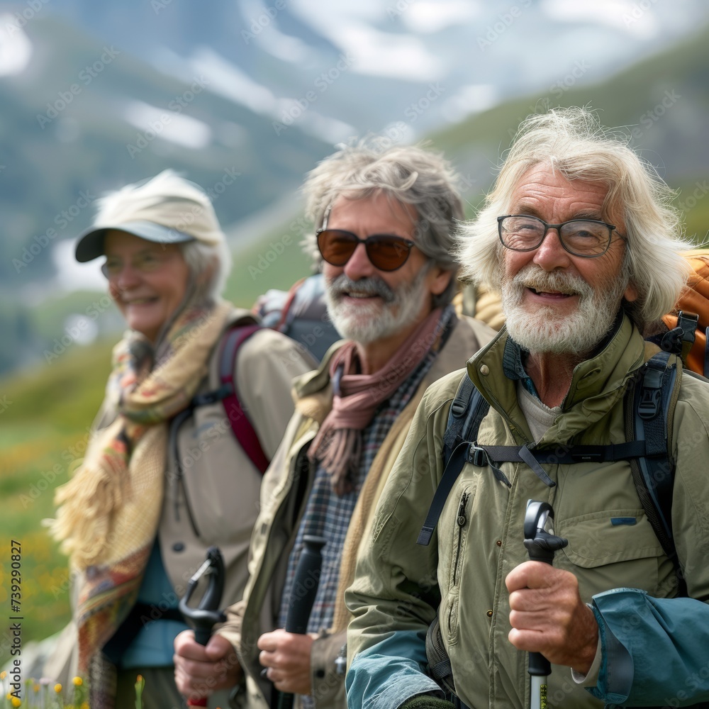 Three joyful seniors enjoy outdoor adventure together, fullfil senior lifestyle health, group of 60s elderly pensioner friends hiking activities in wood expressions happy laughing lively conversation Three joyful seniors enjoy outdoor adventure together, fullfil senior lifestyle health, group of 60s elderly pensioner friends hiking activities in wood expressions happy laughing lively conversation