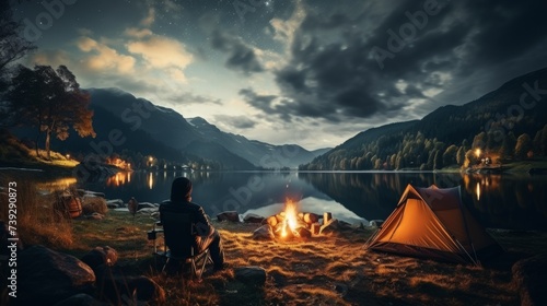 Friends camping in a local national park  tents set up near a lake  campfire and starry sky  a guitar and marshmallows  showcasing fun and relaxation in nature 