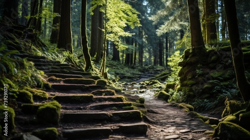 An enchanted woodland path  the trees old and towering  moss and ferns covering the ground  the air cool and fragrant  the trail inviting and mysterious  Photog